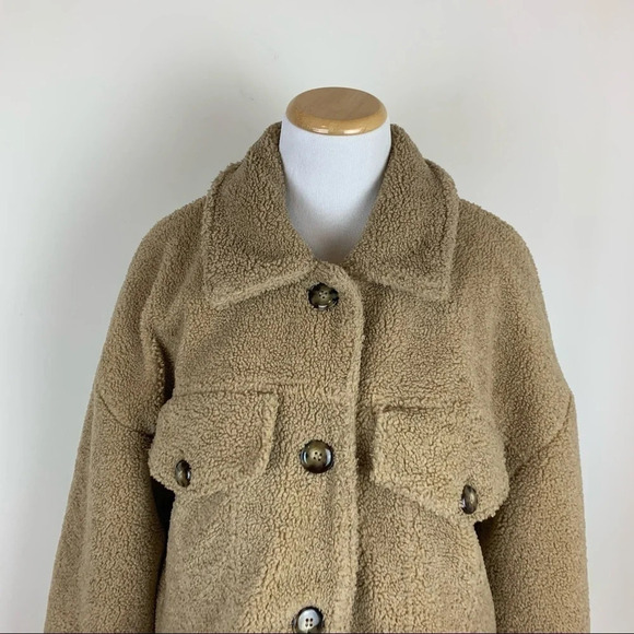 Zara Blogger Favorite Teddy Shearling Jacket Coat Tan Size M - Picture 6 of 12